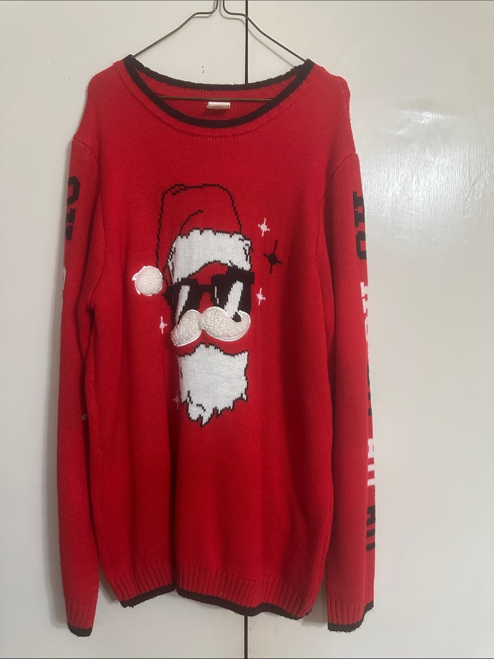 Holiday Time Red Crewneck Santa Face Sweater with Black Trim